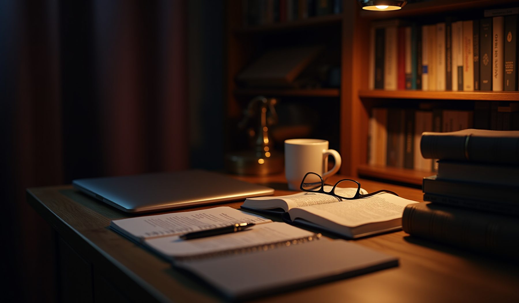 A study desk in the evening with a laptop, an open Bible, study notes and a stack of theology books