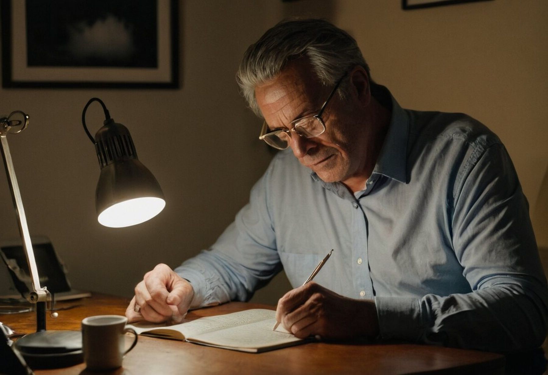 A man completing his studies at a desk in the evening