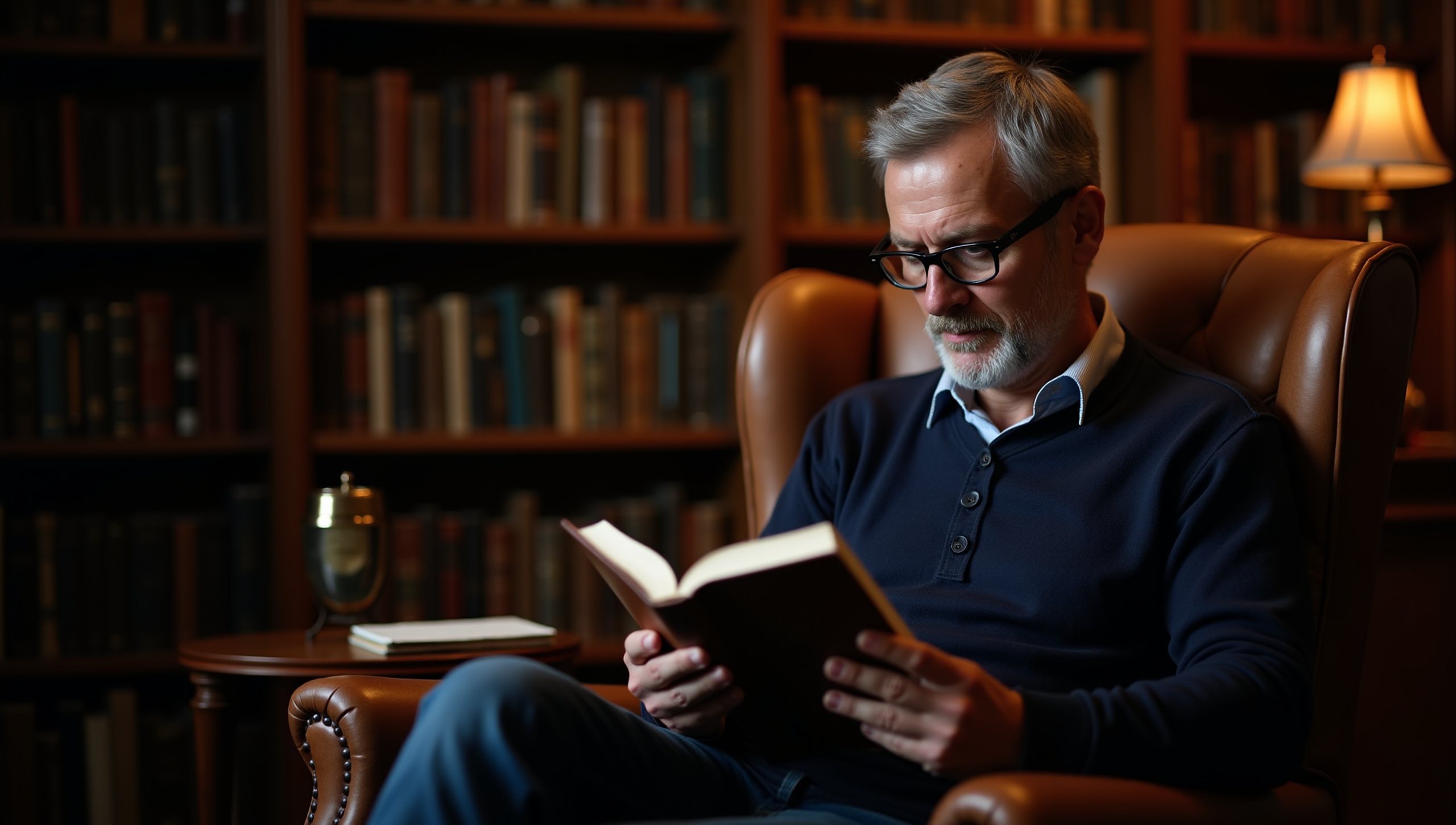 A man in his fifties reading a theology book in an armchair in his home library