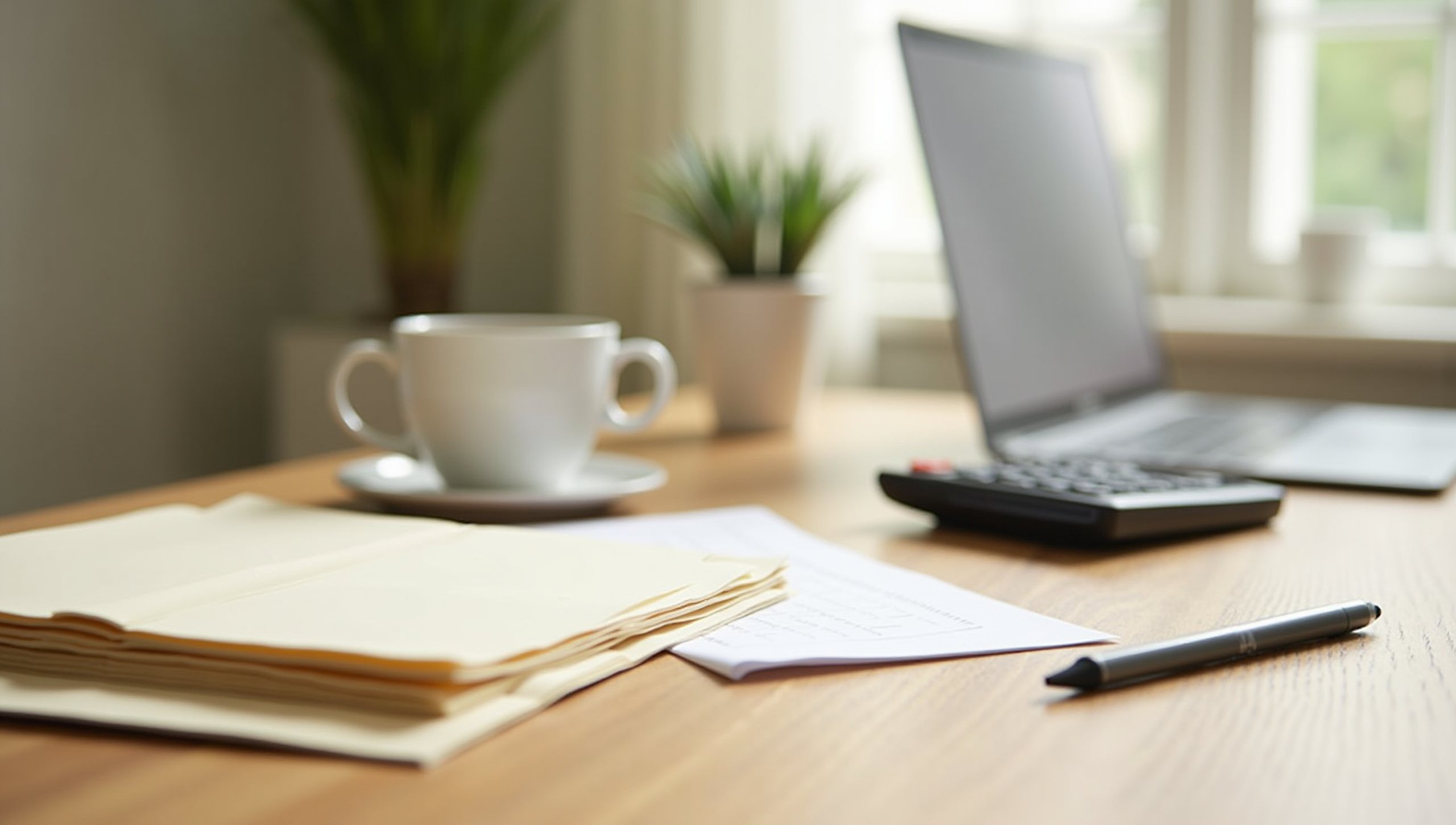 A tidy desk with a calculator, a folder of papers, a pen, a laptop and a cup of coffee